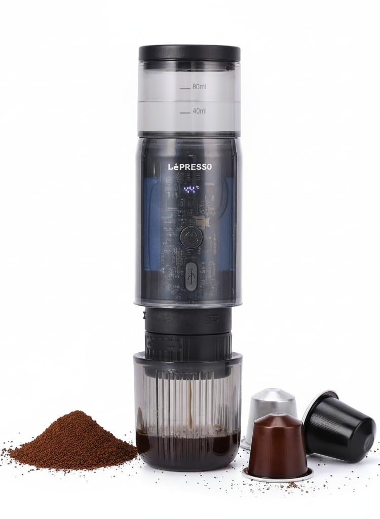 ليبرسو ماكينة صنع قهوة إسبريسو محمولة 80 مل بقوة 15 بار مع شاشة رقمية بقوة 135 وات / أكياس وكبسولات متضمنة / استخلاص بالتسخين / كبسولات ومساحيق / استخلاص مباشر / ماكينة صنع قهوة محمولة / مادة الفولاذ المقاوم للصدأ بدرجة الغذاء - أسود - Image 1